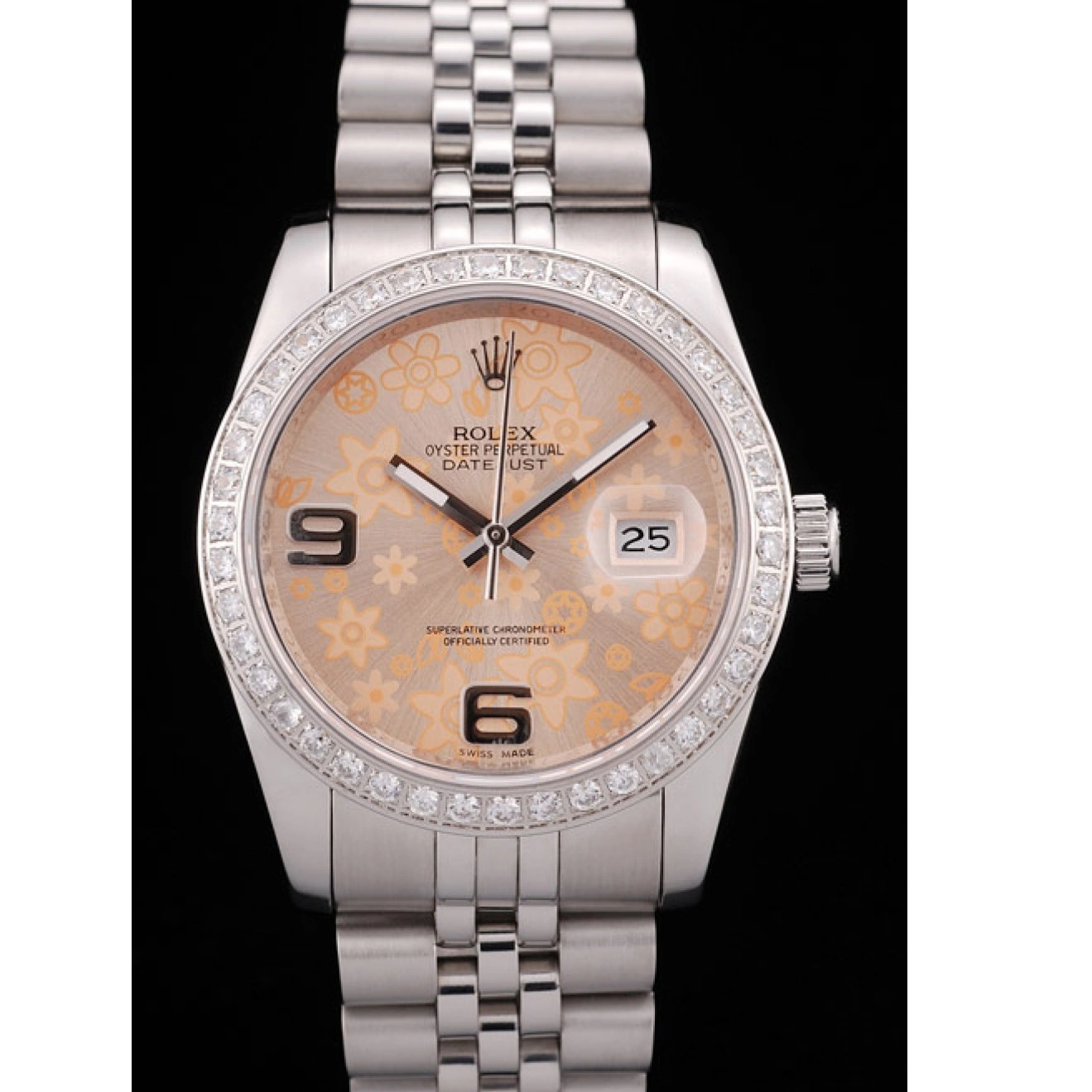 Aaa replica watch Flowers Rolex Orange Diamonds Plated Stainless Brushed Dial Steel DateJust Case 0818